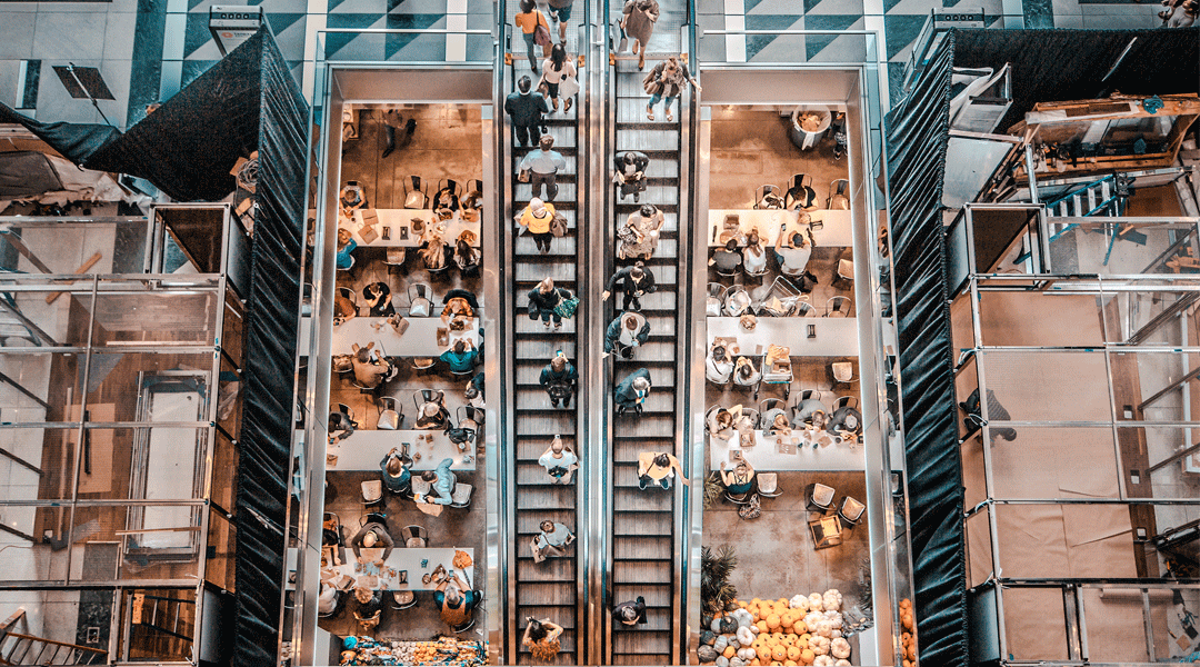 Birdview of a mall's food court